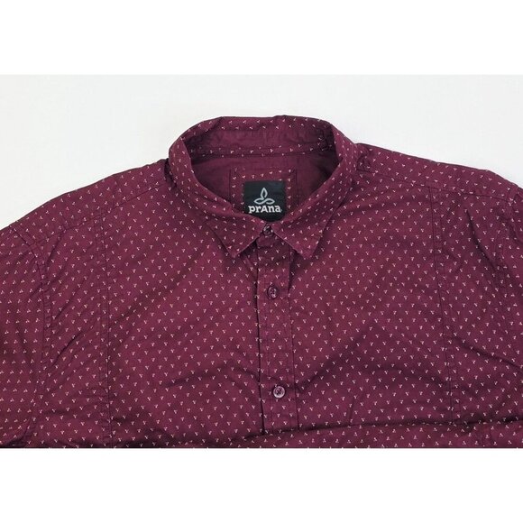 Prana Size XL Mens Burgundy Triangle Pattern Long Sleeve Neck Hem Logos Shirt - Picture 12 of 12